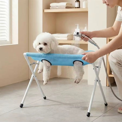 Portable Foldable Hands Free Stainless Steel Frame Breathable Mesh Support Pet Shower Rack Dog Bathing Stand For
